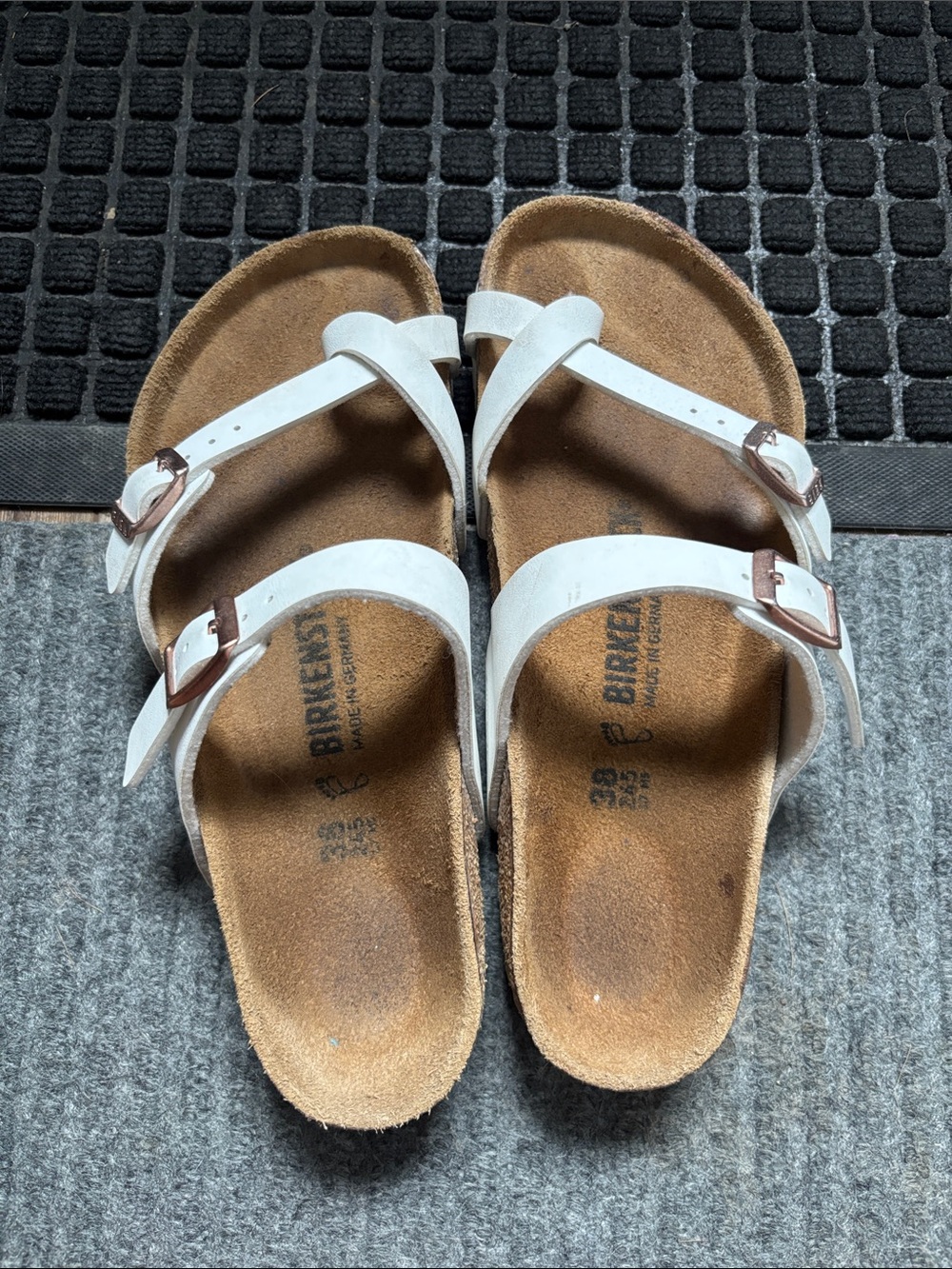 Birkenstock White Double Strap Mayari Sandals with Brown Footbed